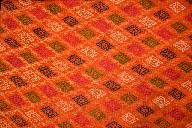 Orange Gold Print Bandhani Kota Doria Fabric