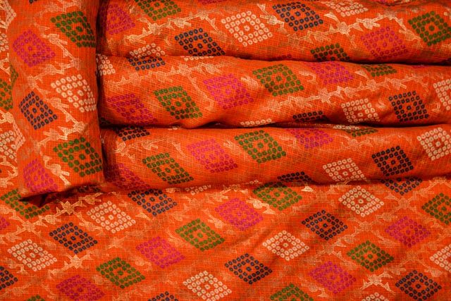 Orange Gold Print Bandhani Kota Doria Fabric