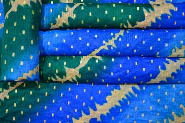 Blue Gold Print Kota Doria Fabric