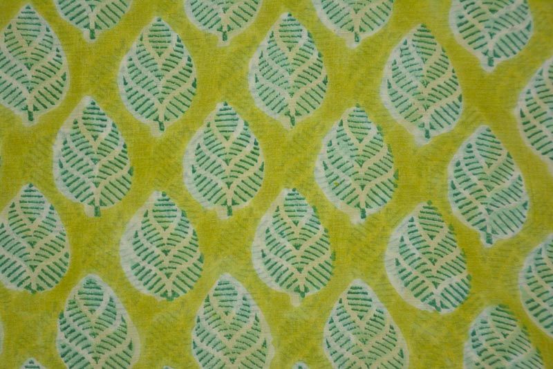 Green Leaf Block Print Modal Silk Fabric