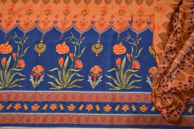 Tawny Orange Floral Printed Tussar Silk Fabric