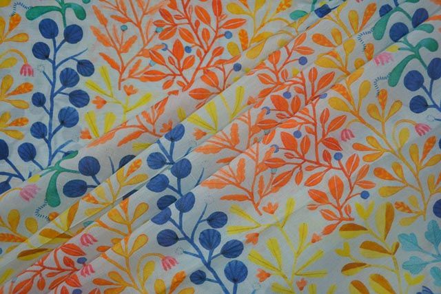 Illusion Blue Leaf Printed Chanderi Silk Fabric
