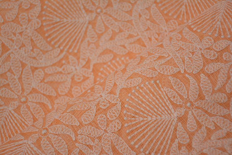 Peach Chikankari Embroidery Kota Doria Cotton Fabric