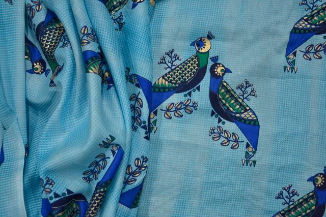 Aquarian Blue Bird Print Indian Cotton Fabric