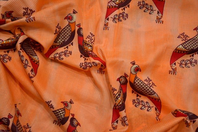 Cantaloupe Orange Bird Print Indian Cotton Fabric