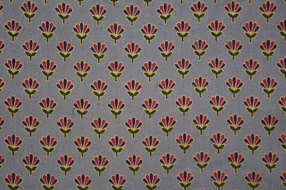 Grey And Golden Floral Print Flax Cotton Fabric