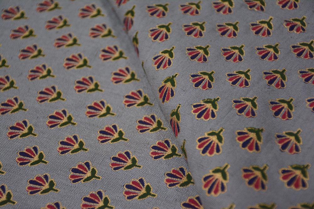 Grey And Golden Floral Print Flax Cotton Fabric