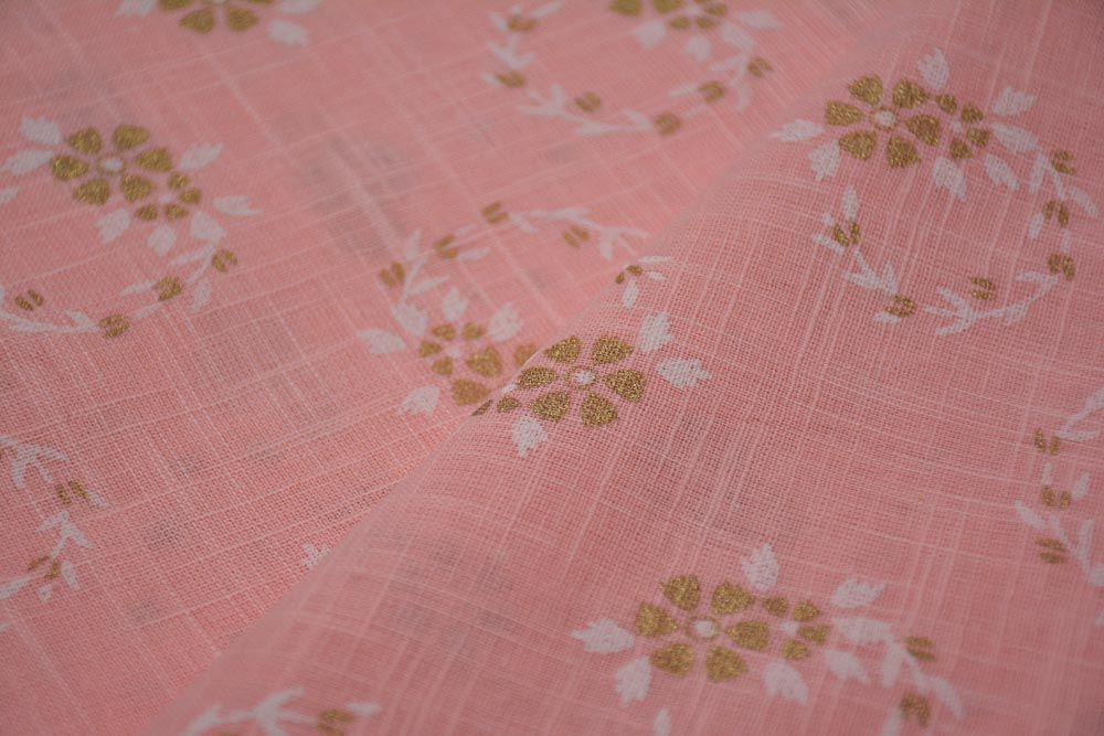 Peach Pink Floral Print Indian Slub Cotton Fabric