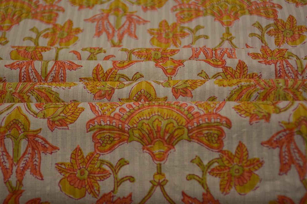 Orange And Green Floral Print Striped Cotton Fabric