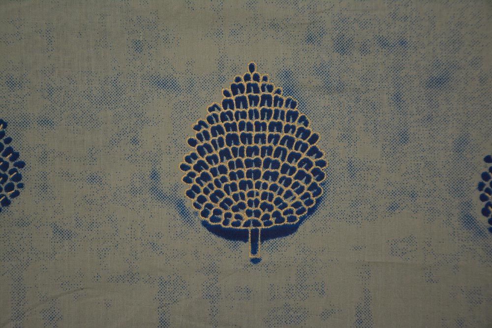 Deep Blue And Golden Leaf Print Cotton Fabric 