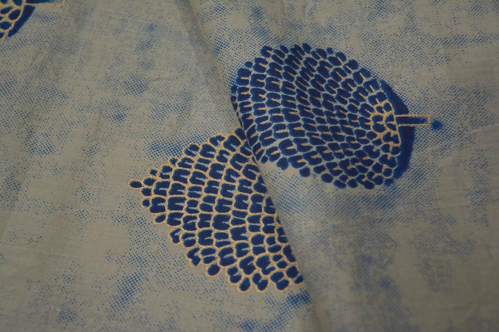 Deep Blue And Golden Leaf Print Cotton Fabric 