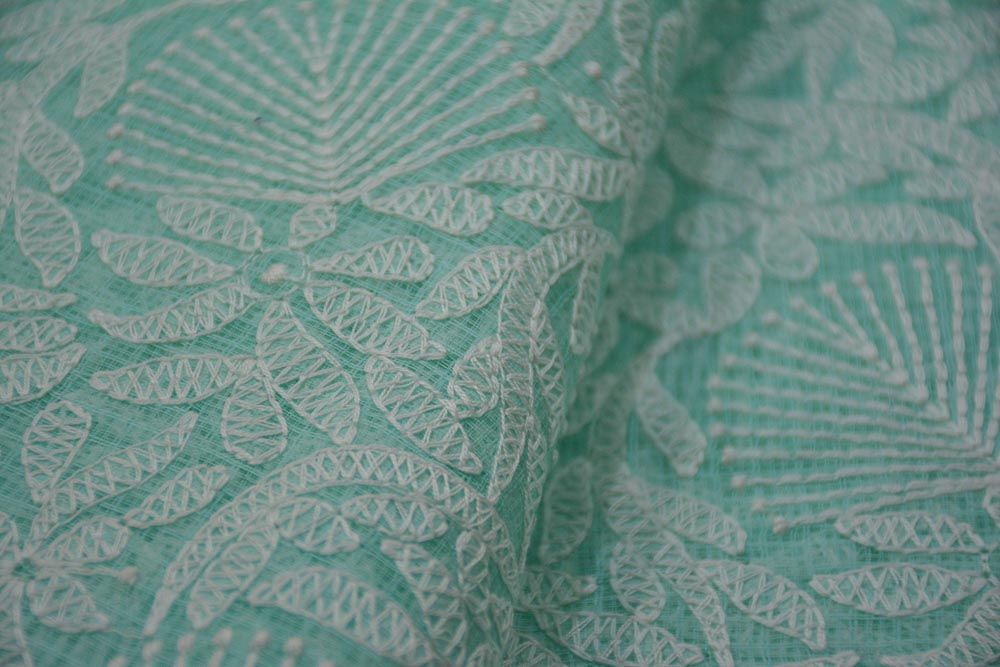 Skyblue Chikankari Embroidery Kota Doria Cotton Fabric