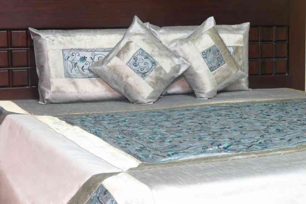 Embroidered Silver 5 Piece Silk Bedcover Set