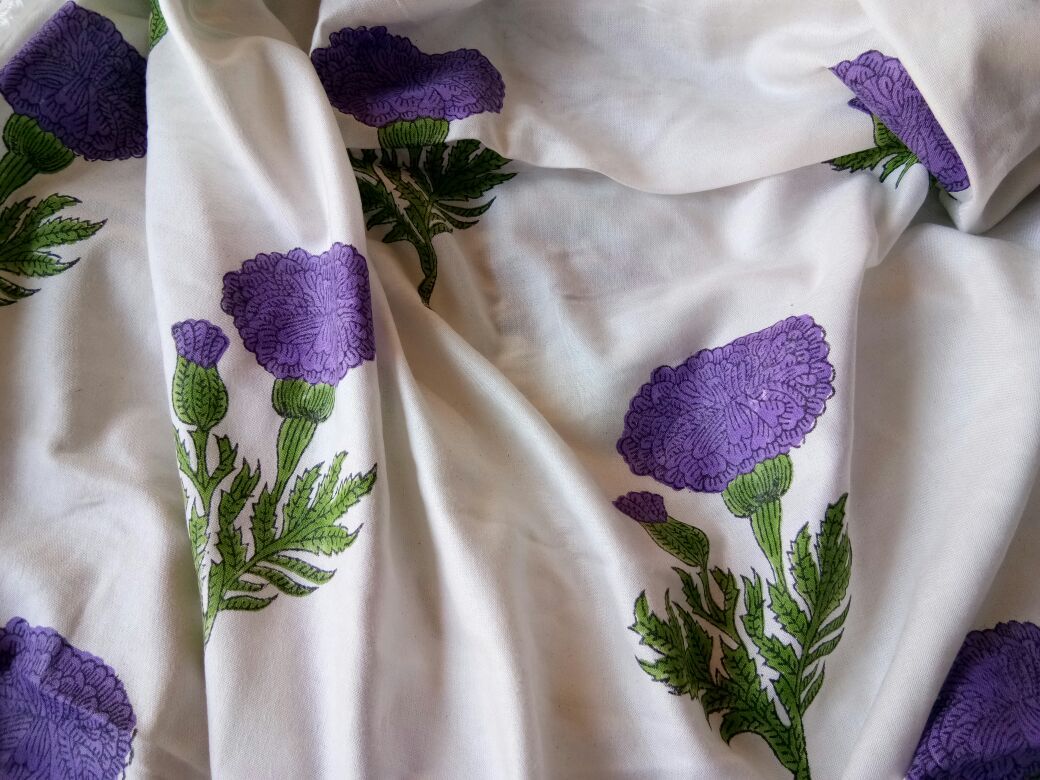 White And Purple Floral Rayon Fabric