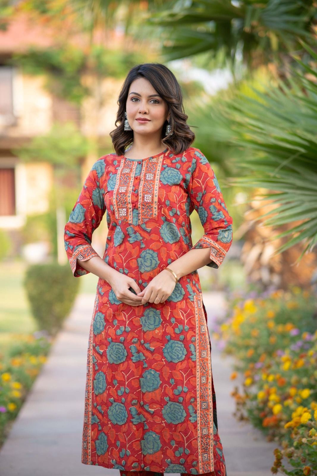 Red Block Printed Kurta 