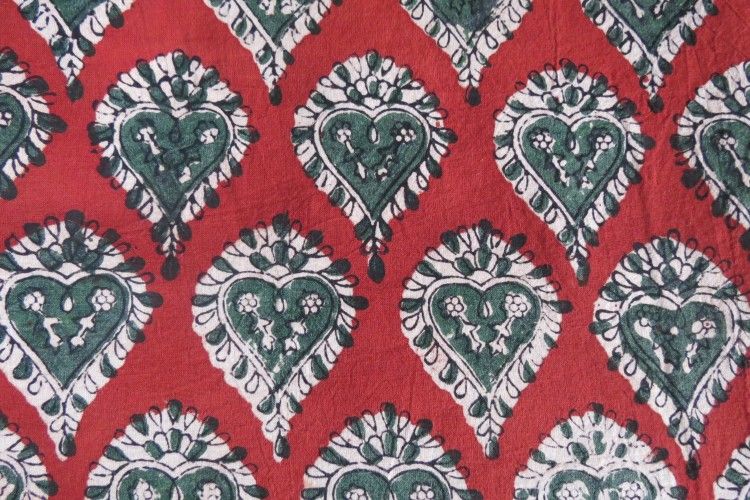 Red & Green Leaves Block Printed Indian Cotton Fabric