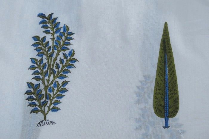 Blue Green Floral Leaf Block Print Fabric
