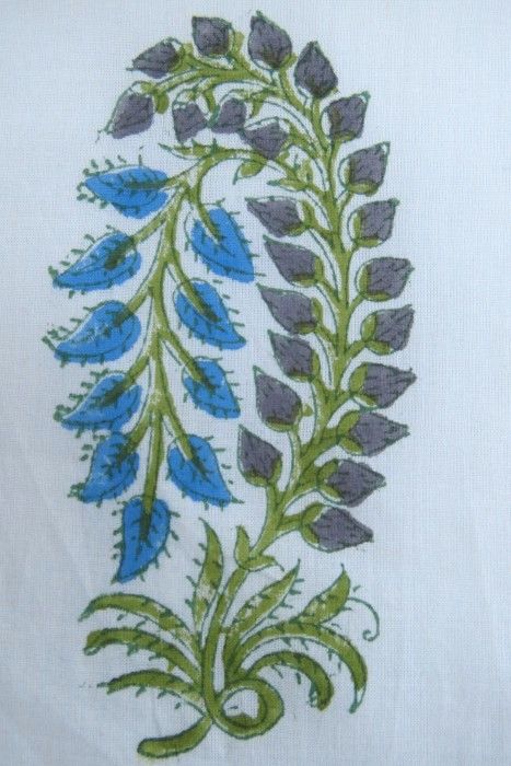 Blue Green Blossom Block Print Fabric