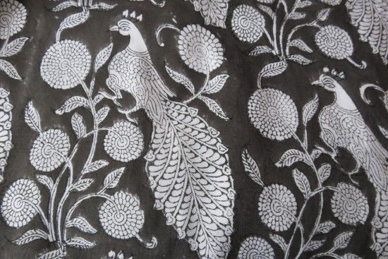 Dark Grey And White Viscose Peacock Block Print Fabric 