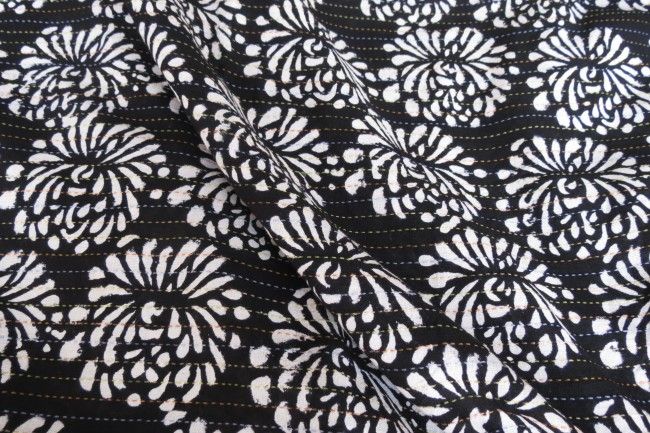 White And Black Multicolor Kantha  Floral Block Print Fabric