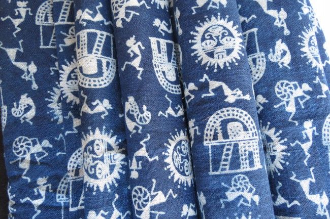 Indigo Warli Upholstery Khari Cotton Fabric