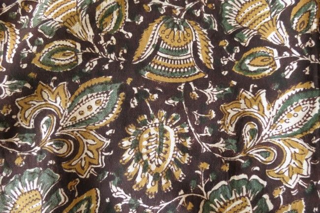 Black Floral Block Printed Kalamkari Modal Fabric