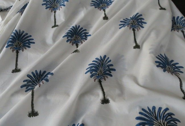 Blue Green Tree Block Print Cotton Fabric