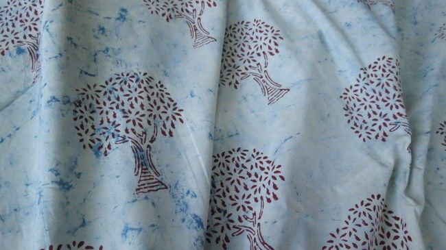 Indigo Shaded Tree Block Print Cotton Fabric By The Yard