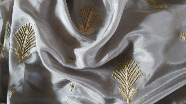 Slate Grey And Golden Embroidery Upada Silk Fabric