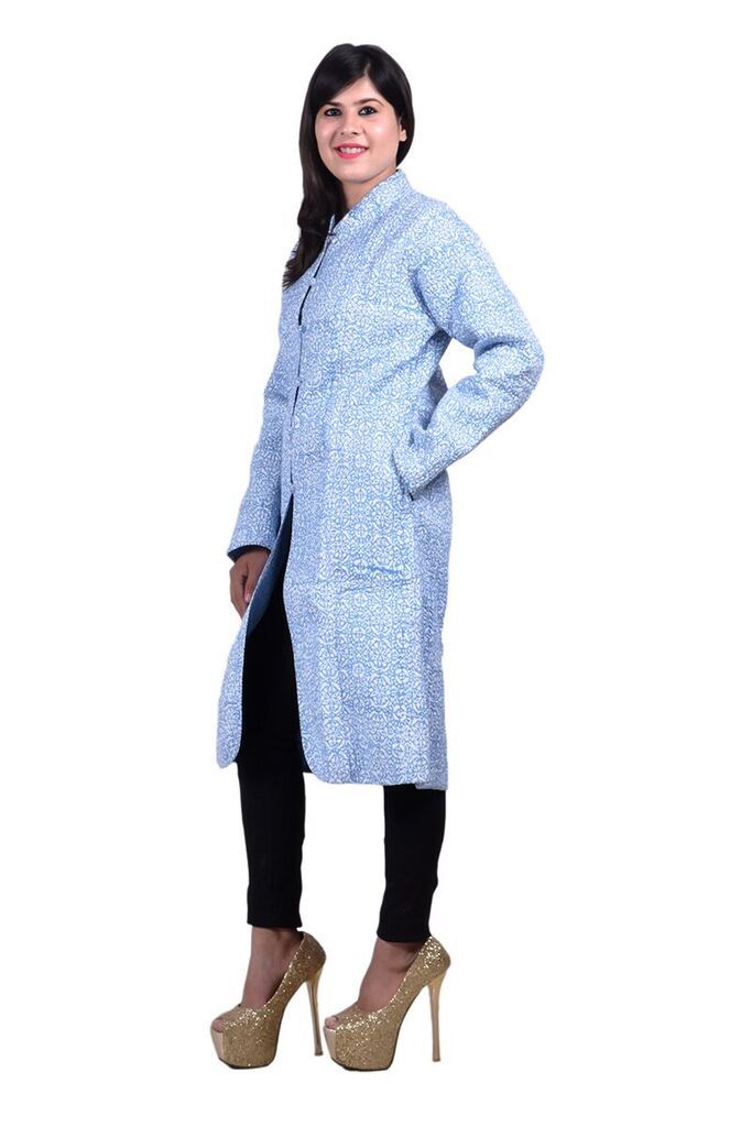 Blue Reversible Long Quilted Jacket For Women