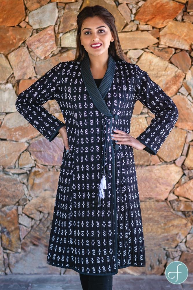 Black And White Block Printed Quilted Bukhara Coat