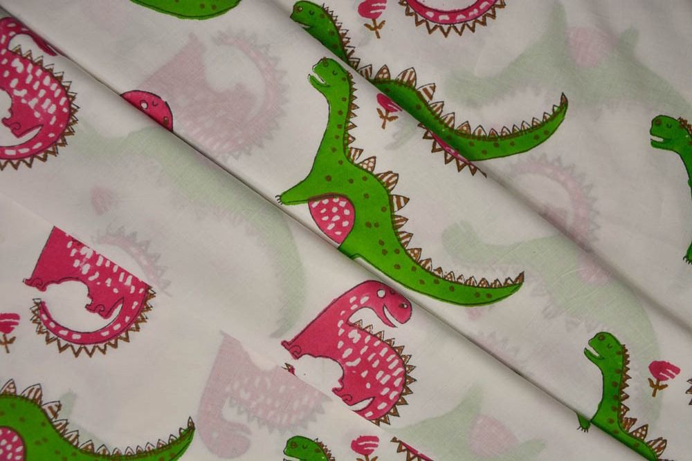 Dinosaur Hand Block Printed Cotton Fabric