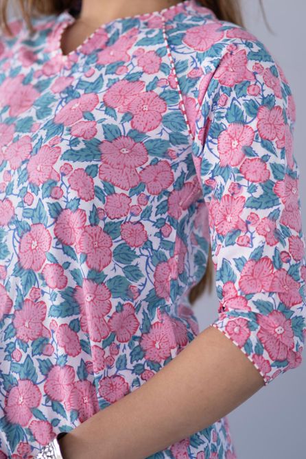 Pink Floral Block Printed Kurta Pant Set