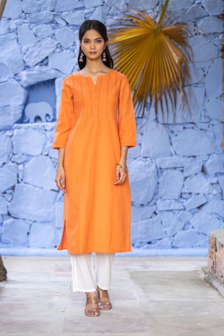Orange Khari Cotton Kantha Kurta Set-KS656