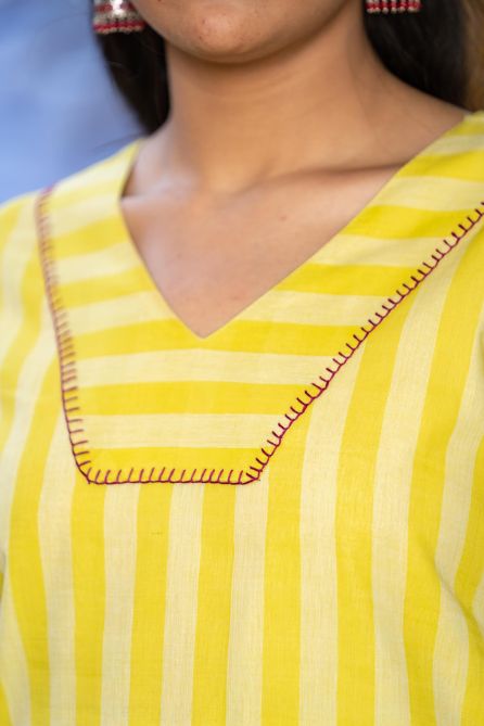 Yellow Striped Khari Cotton Kurta Set