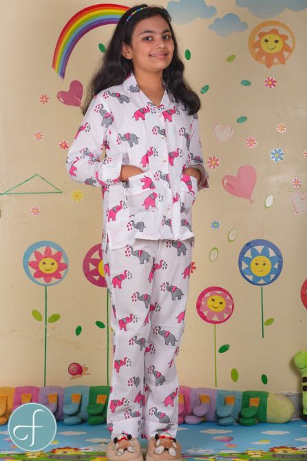 Pink Elephant Kids Cotton Night Suit- NVKNS2