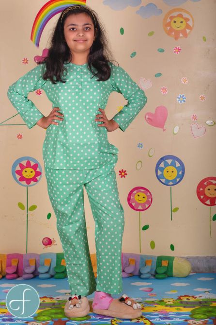 Green Polka Dot Kids Cotton Night Suit- NVKNS20