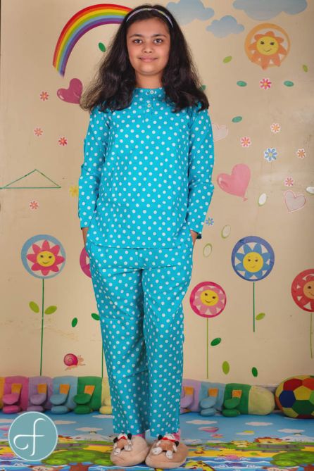 Blue Polka Dot Kids Cotton Night Suit- NVKNS18