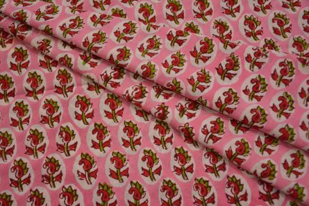 PINK RED BLOCK PRINTED COTTON FABRIC-HF4979