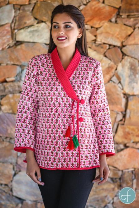 Pink Floral Block Printed Quilted Bukhara Jacket-NVQJ267
