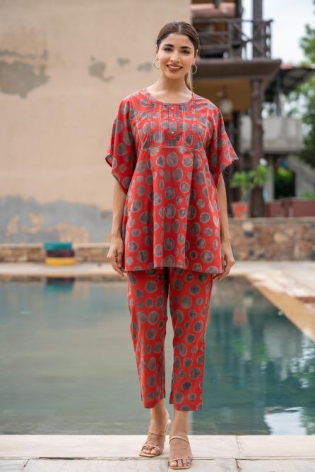 RUST RED POLKA PRINTED CO-ORD SET-NVCD16