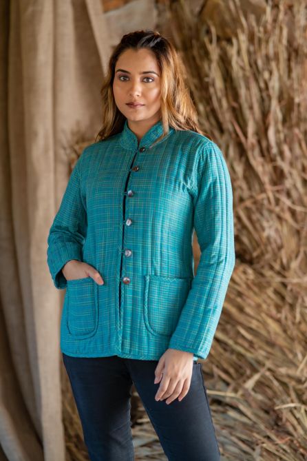 Blue Green Reversible Quilted Women Jacket-NVQJ507