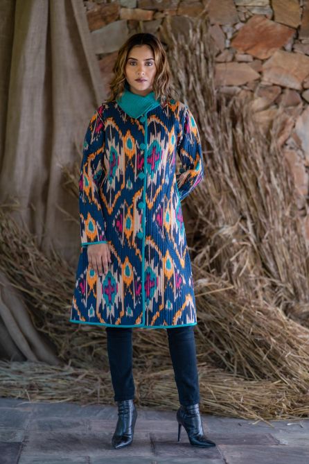 Multicolor Printed Quilted Bukhara Coat-NVQJ505