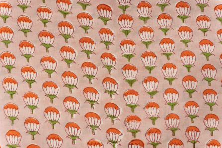 Beige Orange Block Printed Cotton Fabric