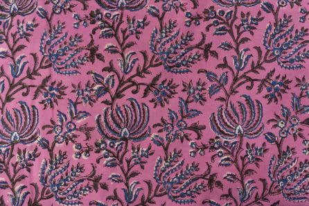 Pink Floral Hand Block Printed Fabric