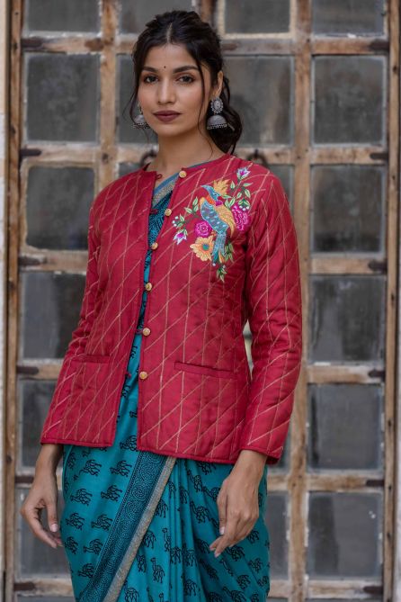 Berry Red Embroidered Quilted Silk Jacket- NVQJ307