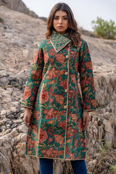 Green Floral Block Printed Quilted Bukhara Coat-NVQJ330(S,XL,4XL)