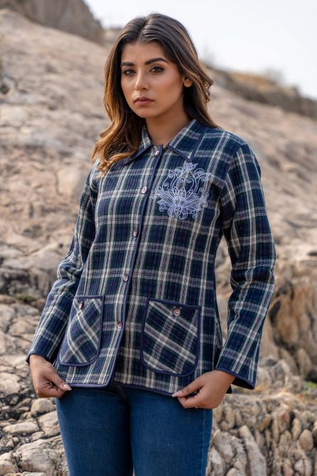 Blue Checks Quilted Embroidered Jacket- NVQJ343