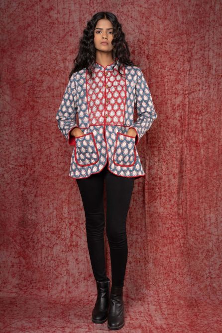 Blue Red Patch Block Printed Quilted Jacket- NVQJ361