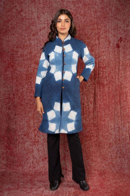 Blue Clamp Dye Quilted Reversible Coat-NVQJ425